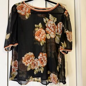 a new day Black Sheer Blouse with Orange Floral Design
